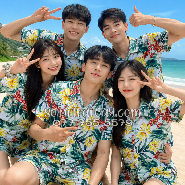 Bộ Áo Sơ Mi Quần Short Tropical Họa Tiết Bông Hoa Dăm Bụt