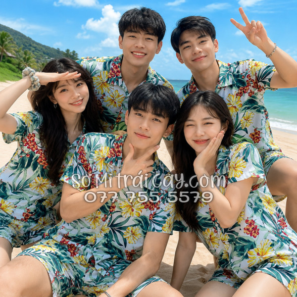 Bộ Áo Sơ Mi Quần Short Tropical Họa Tiết Bông Hoa Dăm Bụt