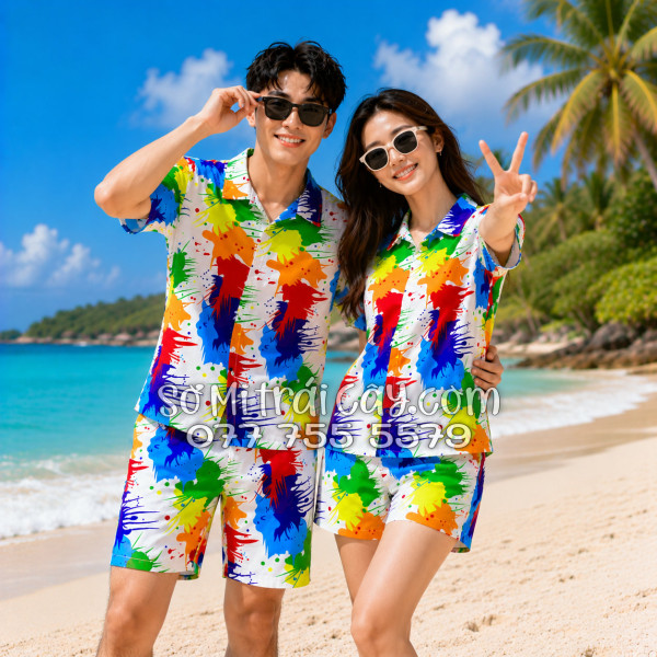 Bộ Áo Sơ Mi Quần Short Tropical Họa Tiết Loan Sơn