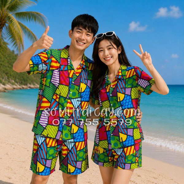 Bộ Áo Sơ Mi Quần Short Tropical Họa Tiết Caro Nhiều Màu