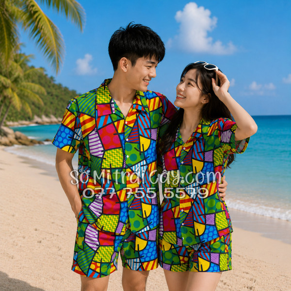 Bộ Áo Sơ Mi Quần Short Tropical Họa Tiết Caro Nhiều Màu