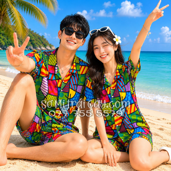 Bộ Áo Sơ Mi Quần Short Tropical Họa Tiết Caro Nhiều Màu
