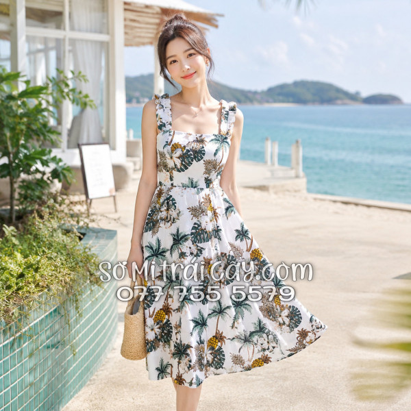 Đầm Nữ Kate Thái Họa Tiết Trái Cây Thơm Dứa Hoa Sứ Tropical