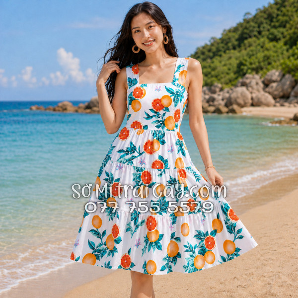 Đầm Nữ Kate Thái Họa Tiết Trái Cam Lá Xanh Nền Trắng