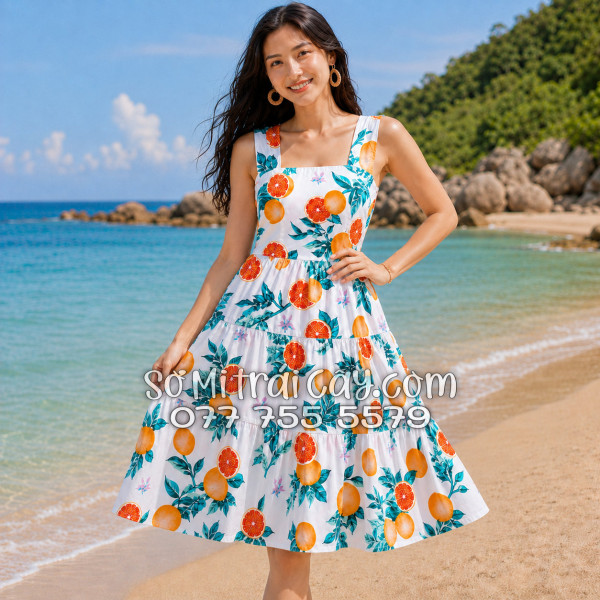 Đầm Nữ Kate Thái Họa Tiết Trái Cam Lá Xanh Nền Trắng