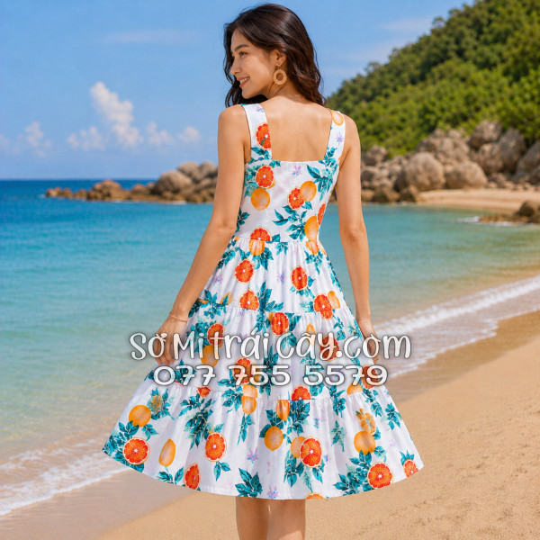 Đầm Nữ Kate Thái Họa Tiết Trái Cam Lá Xanh Nền Trắng