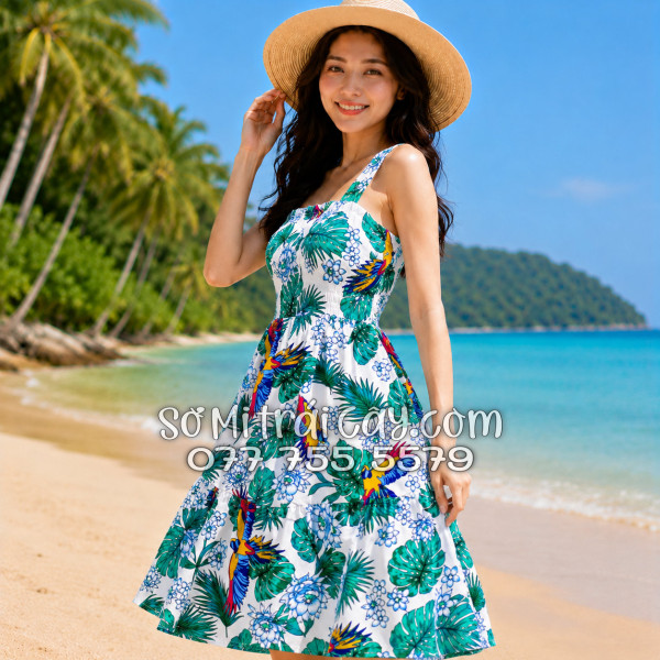 Đầm Nữ Kate Thái Họa Tiết Chim Vẹt Lá Nhiệt Đới Tropical