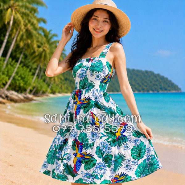 Đầm Nữ Kate Thái Họa Tiết Chim Vẹt Lá Nhiệt Đới Tropical