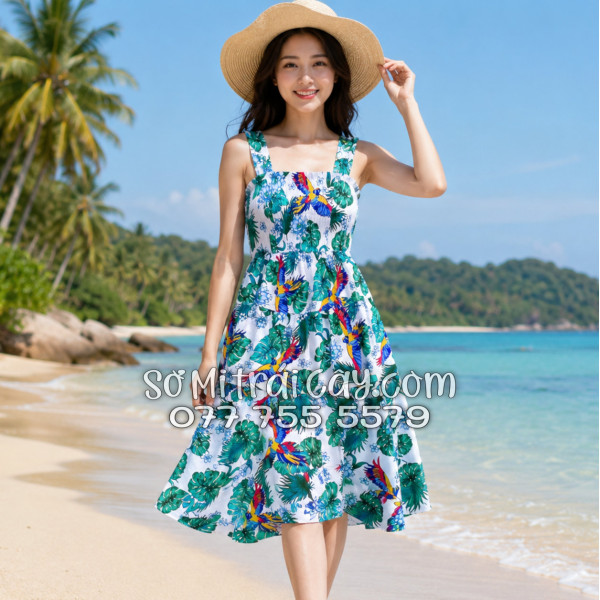 Đầm Nữ Kate Thái Họa Tiết Chim Vẹt Lá Nhiệt Đới Tropical