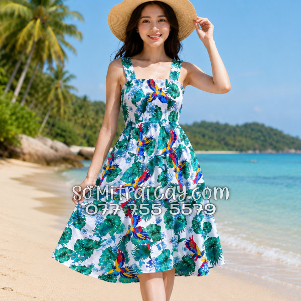 Đầm Nữ Kate Thái Họa Tiết Chim Vẹt Lá Nhiệt Đới Tropical