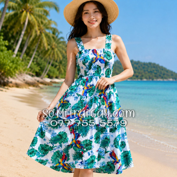 Đầm Nữ Kate Thái Họa Tiết Chim Vẹt Lá Nhiệt Đới Tropical