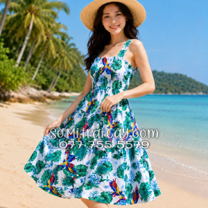 Đầm Nữ Kate Thái Họa Tiết Chim Vẹt Lá Nhiệt Đới Tropical