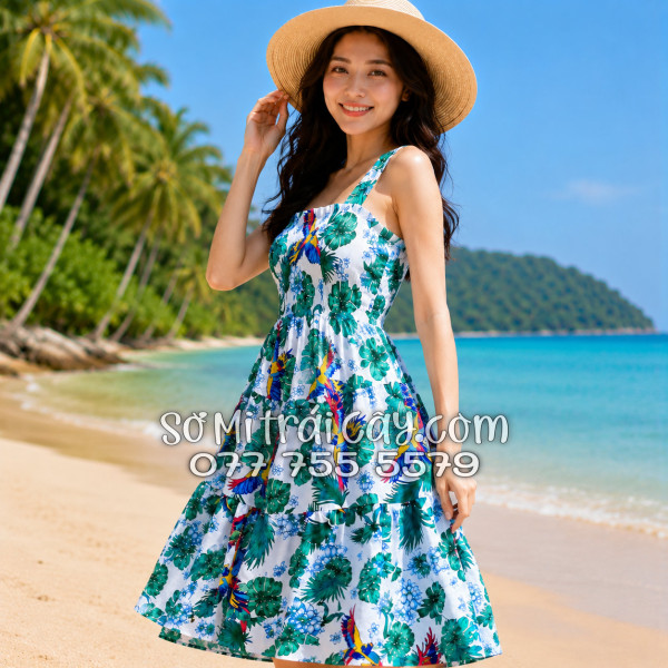 Đầm Nữ Kate Thái Họa Tiết Chim Vẹt Lá Nhiệt Đới Tropical