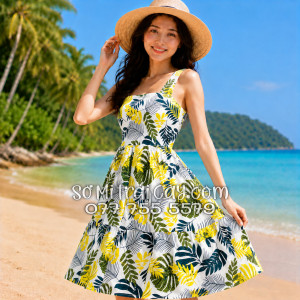 Đầm Nữ Kate Thái Họa Tiết Lá Vàng Xanh Tropical Nền Trắng