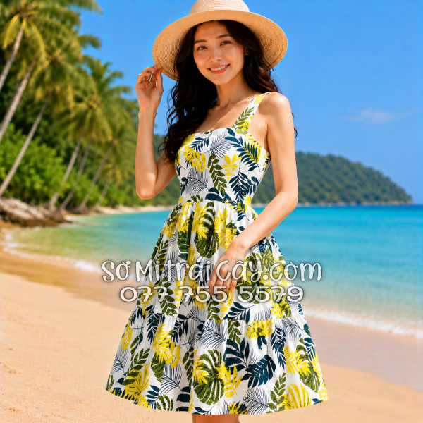 Đầm Nữ Kate Thái Họa Tiết Lá Vàng Xanh Tropical Nền Trắng