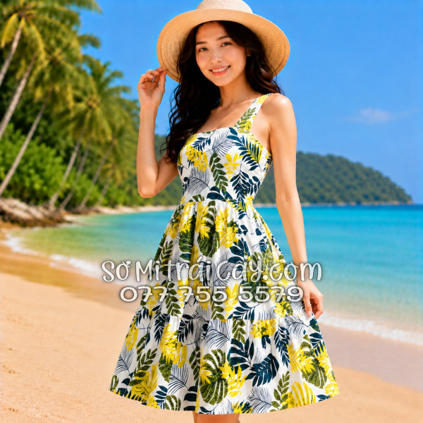 Đầm Nữ Kate Thái Họa Tiết Lá Vàng Xanh Tropical Nền Trắng