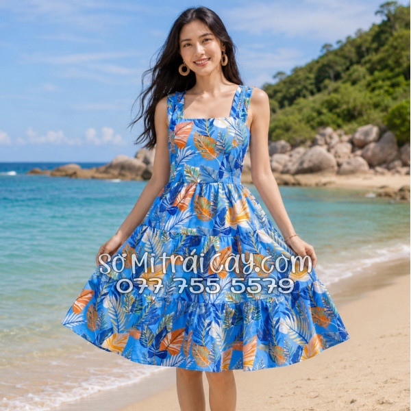 Đầm Nữ Kate Thái Họa Tiết Lá Môn Tropical Nền Xanh